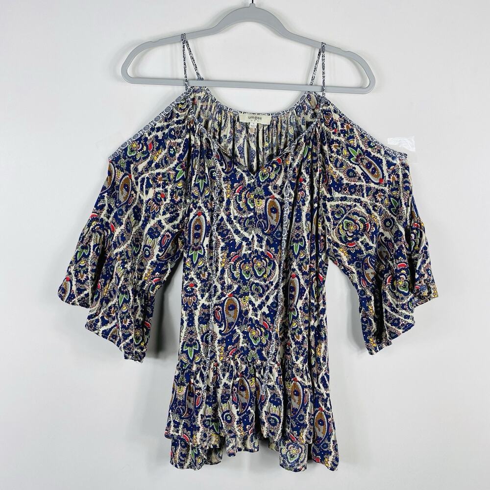 Umgee Top Small Printed Cold Shoulder Boho Casual Cotton Blend Blue
